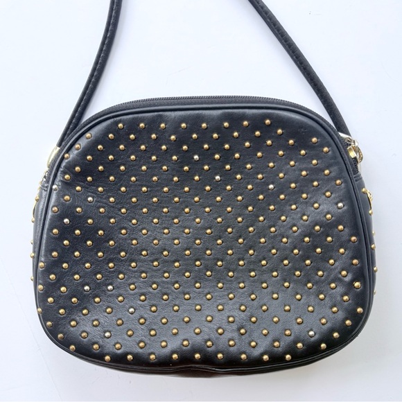 Vintage Judith Leiber Black Leather Gold Studded Red Lined Crossbody Bag Spain - Picture 8 of 16
